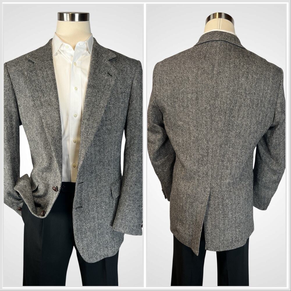 Vintage Tweed Herringbone Robert Stack 42L Gray Wool Sport Coat - Picture 5 of 16